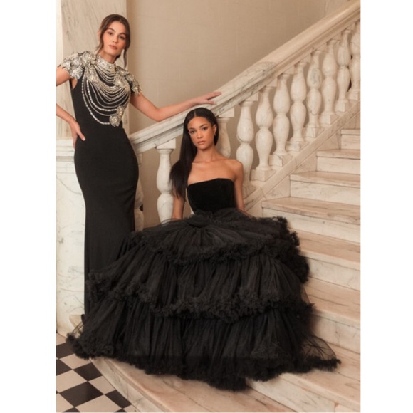 Mac Duggal Black Velvet Bustier Ruffle Ball Gown - Picture 2 of 7